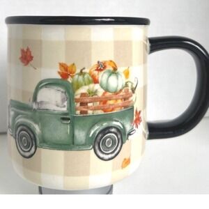 Vintage Inspired Fall Truck‎ Mug 16 oz Cream Black Buffalo Check Farmhouse Core